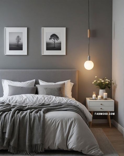 minimalist grey bedroom idea Light Grey Themed Bedroom, Grey Room Ideas Bedroom Men, Bedroom Grey Feature Wall, Wooden And Grey Bedroom, Grey Bed Inspiration, Bedroom Ideas For Grey Bed, Grey Scandinavian Bedroom, Bedroom Inspo Grey Walls, Gray Sheets Bedroom Ideas