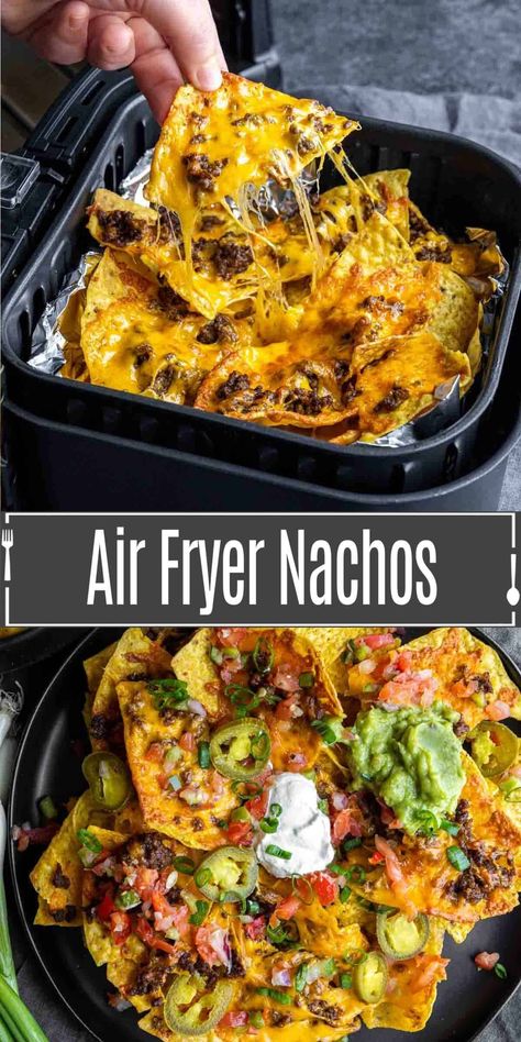 Nachos Recipe Air Fryer, Air Fryer Meals Vegetarian, Air Fryer Nachos Recipes, Air Fryer Nachos, Cheesy Nachos, New Air Fryer Recipes, Air Fryer Oven Recipes, Air Fry Recipes, Diner Recept