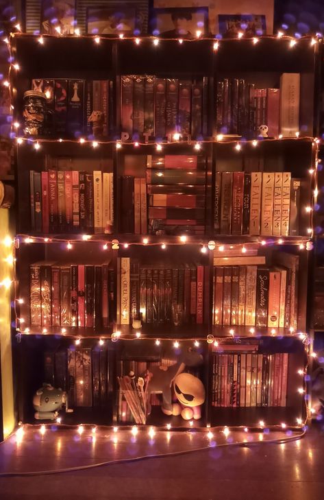 Led Light Bookshelf, Bookshelves With Fairy Lights, Bookcase With Fairy Lights, Book Shelf With Lights, Downtown Bookshelf, Fairy Lights On Bookshelf, Bookshelf With Fairy Lights, Lights On Bookshelves, Bookshelf Fairy Lights