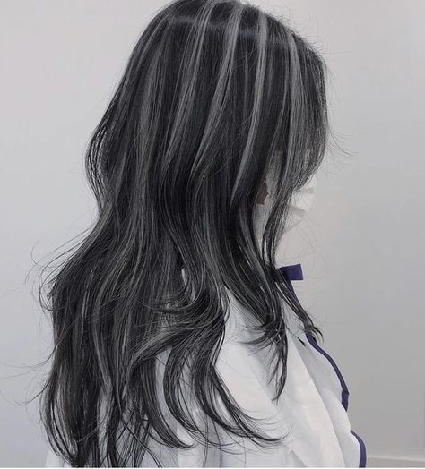 Black Hair With Thick Highlights, Black And White Balayage Hair, Grey Hilites On Dark Hair, Low Lights For Dark Hair Black, Black Hair And White Highlights, Dark Brown Ashy Highlights, Dyed Hair Inspo For Black Hair, Highlights For Long Black Hair, Silver Skunk Stripe Hair