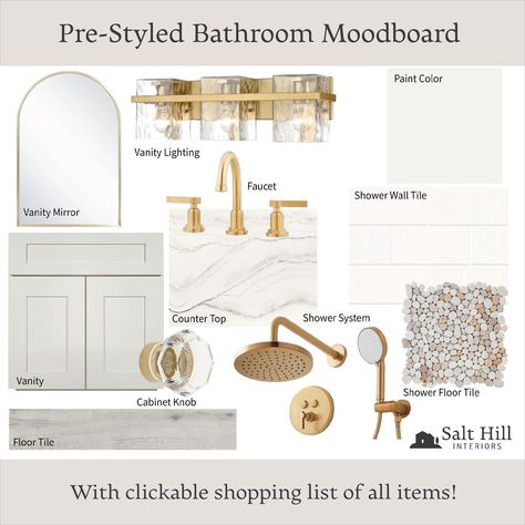 Looking to remodel your home but have no idea where to start with the bathroom selections? An Interior Designer styled moodboard is just what you need! Take the guesswork out of your home design and let a professional designer help you without even having to hire one!  Moodboards can be a valuable resource to help make your design journey quick, easy, and affordable. Order as much or as little as you need with the easy-click shopping links.  HOW IT WORKS: 1. After you place your order, a downloa Bathrooms With Gold Faucets, Black White Grey Gold Bathroom, White Bathroom With Gold Fixtures, Gold Bathroom Inspiration, Tan Tile Bathroom Ideas, Bathroom Gold Fixtures, Bathroom Mood Board Inspiration, White And Gold Bathroom Ideas, Bathroom With Gold Accents