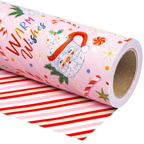 PRICES MAY VARY. PERFECT SIZE: Each roll measures 17 inches wide by 33 feet long. REVERSIBLE: Santa Claus cup, candy cane and "Wram Wish" lettering printed on one side, colorful stripe printed on the reverse. Two different designs make unique and varied gift presentations easy. PREMIUM QUALITY: Created with high-quality paper materials, thick and not easily tear or rip. Item came with shrink film to prevent wrapping paper from scratches and reduce dust. USE ALL WINTER: Perfect for Christmas, Hol Pink Santa Claus, Christmas Photo Booth, Pink Santa, Merry Bright Christmas, Wrapping Paper Christmas, Pink House, Pink Christmas Tree, Holiday Gift Wrap, Christmas Gift Bags