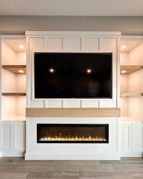 Shiplap Linear Fireplace With Tv, Shiplap Fireplace With Tv Built Ins, Electric Fireplace With Board And Batten, Herringbone Electric Fireplace, Front Door Center Of Living Room, Built In Mantle With Electric Fireplace, Built In Electric Fireplace Bedroom, Entertainment Built In With Fireplace, Diy Electric Fireplace Built Ins