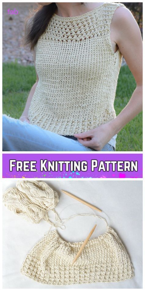 Knit Summer Vacation Top Free Knitting Patterns for Ladies Cute Crochet Tops, Knit Tank Top Pattern, Summer Knitting Patterns, Summer Top Pattern, Knit Top Patterns, Knit Summer, Summer Knit Tops, Crochet Summer Dresses, Crochet Purse Pattern Free