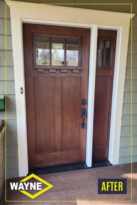 Check out the before and after of this entry door. This beautiful ProVia 420 Style Signet Fir Fiberglass Entry Door with Dentil Shelf was installed by our team at Wayne. 
Stain Color: Truffle Dentil Shelf Front Door, Entry Door With Windows, Provia Doors Front Entry, Provia Doors, Entry Door Styles, Entry Way Door, Front Door Trim, Fiberglass Entry Doors, Classroom Doors