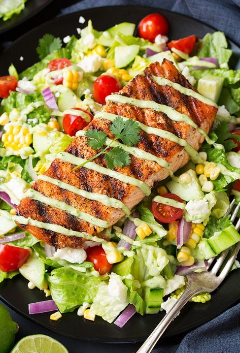 Mexican Grilled Salmon Salad (with Avocado Ranch!) - Cooking Classy Mexican Salmon, Low Carb Salmon Recipes, Mexican Fish, Salmon Salad Recipe, Grilled Salmon Salad, Avocado Ranch Dressing, Greek Yogurt Chicken Salad, Greek Yogurt Chicken, Salmon Salad Recipes