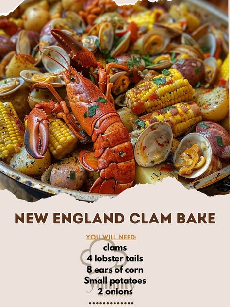 🌿🐚 Experience a traditional New England Clam Bake, an all-in-one feast that brings the shore to your door! #ClamBake #NewEnglandTradition 🍽️ New England Clam Bake 🛒 Ingredients: 2 kg clams, scrubbed 4 lobster tails 8 ears of corn, husked 1 kg small potatoes 2 onions, quartered 450 grams smoked sausage, sliced Seaweed (optional) 1 cup white wine 👩‍🍳 Instructions: Layer Ingredients: In a large pot, layer seaweed, potatoes, onions, corn, sausage, lobsters, and clams. Steam: Add wine and cove... New England Clam Bake, Clam Bake Party, Small Potatoes, Summer Traditions, Potatoes Onions, Clam Bake, Small Potato, Lobster Tails, Ears Of Corn