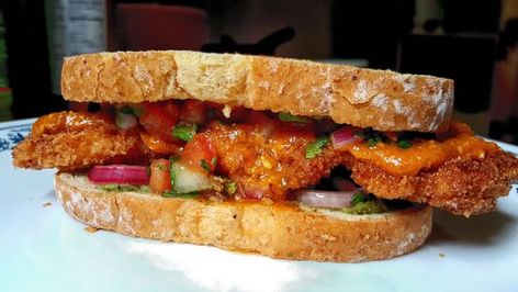 Schnitzel Sandwich Recipe, Schnitzel Sandwich, Man Sandwiches, Kachumber Salad, Tikka Masala Sauce, Chicken Schnitzel, Sandwich Spread, Tomato Chutney, Best Sandwich