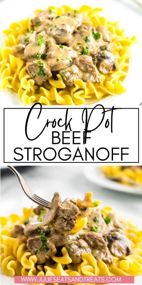 Crock Pot Beef Stroganoff is the ultimate comfort dinner! Tender stew meat with a rich gravy with onions and mushrooms. Serve it over a bed of egg noodles for an easy dinner recipe every will love. Crock Pot Stroganoff, Crock Pot Beef Stroganoff, Slower Cooker, Beef Stroganoff Crockpot, Crock Pot Beef, Slow Cooker Dinner Recipes, Slow Cooker Beef Stroganoff, Recipes Beef, Stroganoff Recipe