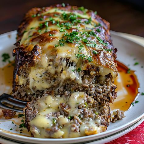 Philly Cheesesteak Meatloaf Homemade Au Jus, Cheesesteak Meatloaf, French Onion Meatloaf, Vegetarian French Onion Soup, Pasta Recipes Alfredo, Salmon Patties Recipe, Patties Recipe, Philly Cheesesteak, Meatloaf Recipe