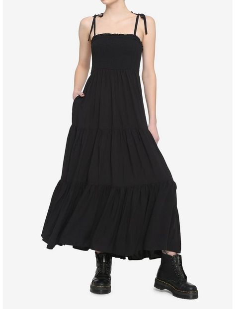 Black Smock Tiered Midi Dress Girls Maxi Dresses, Brimmed Hat, All Black Looks, Goth Dress, Witchy Vibes, Tiered Midi Dress, Pinterest Outfits, Black Midi, Smocked Dress