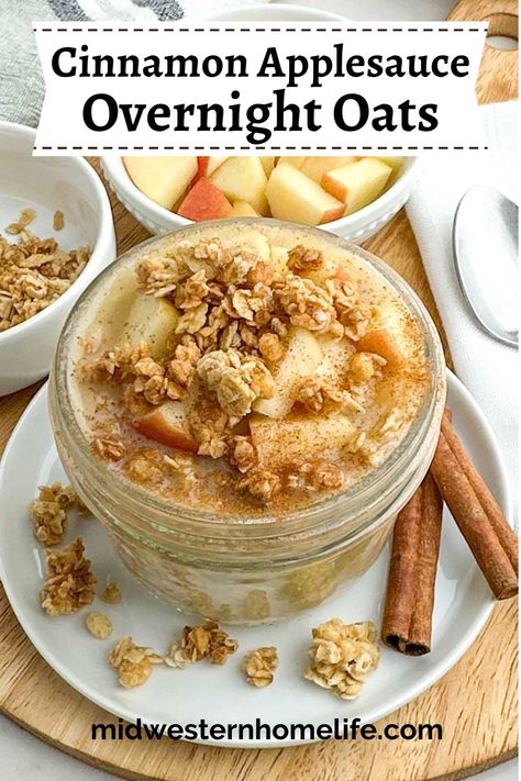 Cinnamon Applesauce Overnight Oats are a comforting bowl of creamy oats with warm and cozy flavors of apple pie. Apple cinnamon overnight oats are an easy meal prep breakfast that stirs together in minutes. rn Overnight Oats With Raisins, Apple Pie Overnight Oats With Applesauce, Overnight Oats Applesauce, Dash Diet Overnight Oats, Yogurt Free Overnight Oats, Overnight Oats Cookie Butter, Overnight Oats With Old Fashioned Oats, Apple Sauce Overnight Oats, Overnight Oats With Applesauce