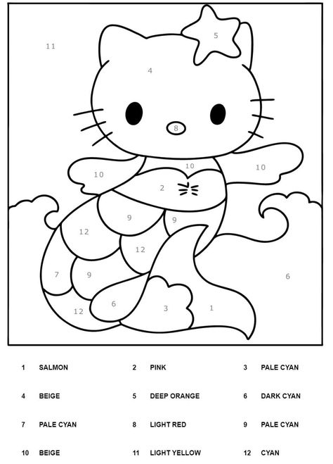 Hello Kitty Color By Number Printables for kids of all ages to Hello Kitty Mermaid, Kitty Mermaid, Poppy Coloring Page, Olympic Colors, Mermaid Cartoon, Color By Number Printable, Hello Kitty Printables, Preschool Coloring Pages, Kitty Coloring