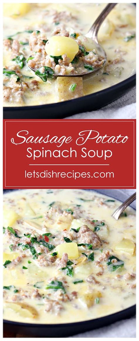 Sausage Potato and Spinach Soup Recipe -- Featuring Italian sausage, tender chunks of potato, and fresh spinach, this creamy, satisfying soup is the perfect meal on a cold day. Sausage Potatoes Spinach Soup, 12 Tomatoes Creamy Italian Sausage And Potato Soup, Sausage And Spinach Soup Recipes, Sausage Potato And Spinach Soup, Italian Spinach Soup, Ground Beef Spinach Soup, Soups With Spinach In Them, Italian Sausage Spinach Soup, Spinach And Sausage Soup