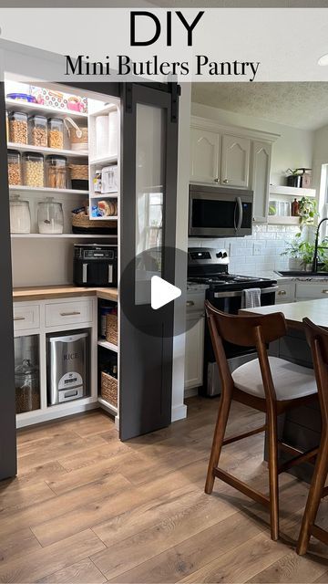 Shandy & Mark on Instagram: "From the moment we moved in, I KNEW this kitchen needed a pantry but I didn’t want a plain ol’ boring pantry. I still wanted it to be pretty and functional like a butlers pantry… Juuuuust smaller. • We started by removing the old flooring because we already knew we were going to eventually replace the floors. We framed, added electrical for can lights, drywalled, mudded, taped, primed and painted. Mark built every last thing from scratch and he did a PHENOMENAL job. • Doors are “Silhouette” from @benjaminmoore Walls are “Alabaster” from Benjamin Moore Recessed can lights are from @homedepot Door hardware is from Amazon and under $100 🤩🥳 . . . . #homerenovation #diyhomeimprovement #homeimprovementprojects #homeimprovement #diyhomerenovation #beforeandafterhome Lower Pantry Cabinets, Kitchen Remodel With Pantry Cabinet, Retractable Pantry Doors, Where To Put The Refrigerator In The Kitchen, Add Pantry To Kitchen, Kitchen Layout With Butlers Pantry, Butlers Pantry Door Ideas, Walk In Pantry Door Ideas, Pantry Pocket Door Ideas