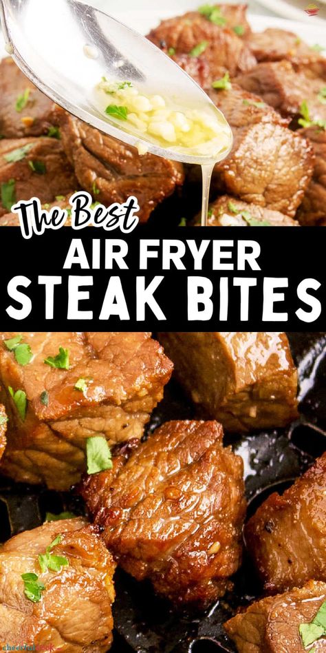 Steaks Air Fryer, Mushrooms Air Fryer, Types Of Steak, Steak Air Fryer, Air Fryer Mushrooms, Air Fryer Steak Bites, Steak Bites Recipe, Air Fryer Steak, Steak Tips