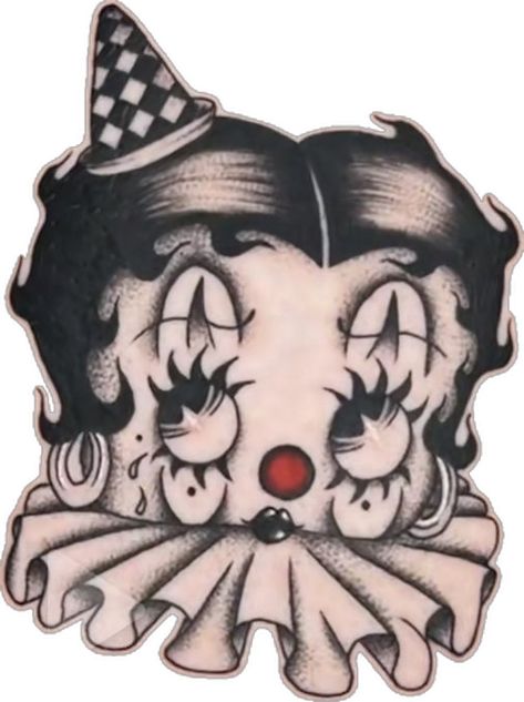 Betty Boop Koko The Clown, 90s Grunge Tattoo Ideas, Black And White Betty Boop Tattoo, Clown Betty Boop Tattoo, Betty Boop Smile Now Cry Later, Nobodys Clown Drawing, Clown Woman Tattoo, Clowncore Tattoo, Clown Drawing Chicano