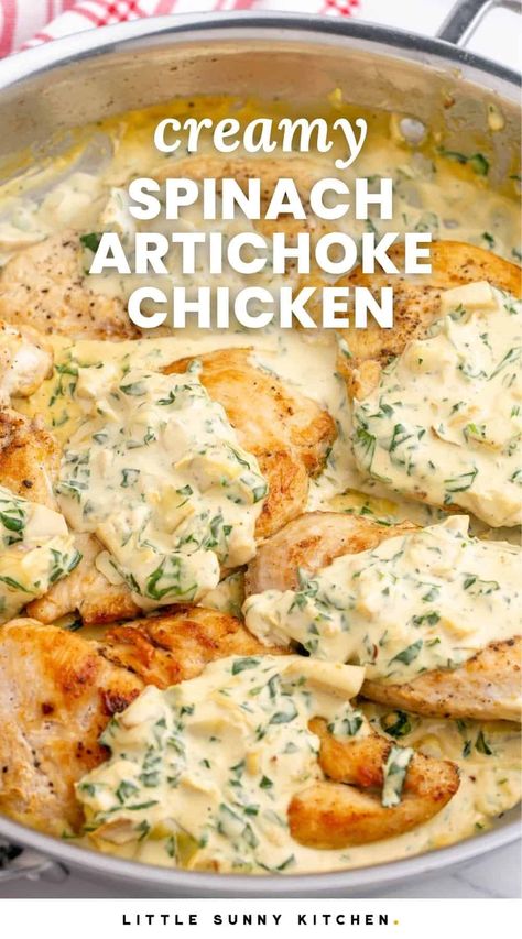 One-pan Creamy Spinach Artichoke Chicken is just like your favorite hot dip, and an impressive meal that you can make in less than 30 minutes. Chicken Spinach Artichoke Recipes, Chicken Artichoke Recipes Healthy, Chicken And Artichoke Recipes, Spinach Chicken Recipes, Spinach Artichoke Dip Chicken, Boneless Skinless Chicken Breast Recipes Baked, Chicken Bacon Artichoke, Creamy Artichoke Chicken, Chicken And Spinach Recipes