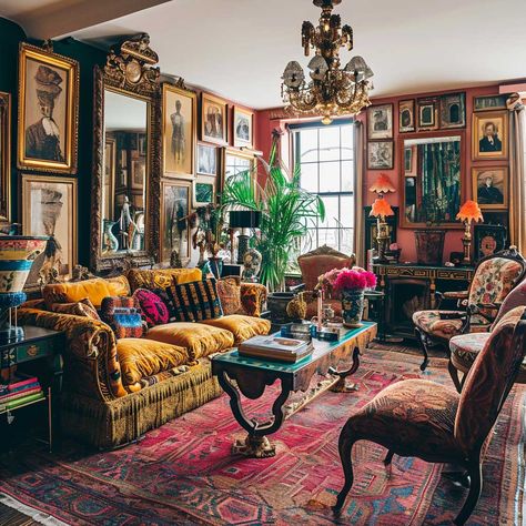 Maximalist Decor Vintage, Vintage Maximalist Decor, Victorian Bohemian Decor, Maximalist Living Room, Layered Lighting, 70s Interior, Witchy Home Decor, English Decor, Country Interior