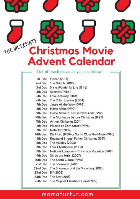 The Ultimate Christmas Movie Advent Calendar 2018 - Mamafurfur #familychristmasideas #christmasideas #debtfreechristmas #familyfun #christmas Movie Advent Calendar, Arthur Christmas, Christmas Movies List, Christmas Checklist, Advent Calendar Christmas, Christmas Movie Night, Christmas Playlist, Christmas Films, Christmas Bucket