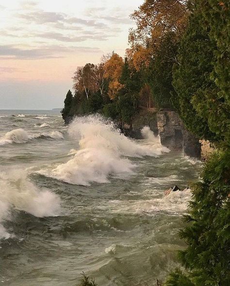 Crazy waves at Cave Point Door County Wi, Door County Wisconsin, Door County, Niagara Falls, Wisconsin, Natural Landmarks, Water, Travel