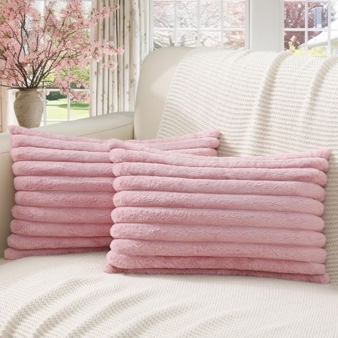 PRICES MAY VARY. Polyester Super Soft: Crafted from velvet and faux rabbit fur, our blush pink throw pillow covers offer a fluffy touch and a soft cozy feel while remaining gentle on the skin. Unique design: Featuring a bold chunky stripe pattern on one side and a smooth velvet surface on the other, our pillow covers offer a chic look. Home decoration: With fashionable designs and exquisite craftsmanship, add vitality to your home decor. Whether in the living room, bedroom, or office, our sofa p Aesthetic Bedroom Pillows, Pink And White Throw Pillows, Blush Pink Throw Pillows, Pink And Blue Throw Pillows, Pink Floral Dorm Room, Blush Pink Room Decor, Baby Pink Room Decor, Pink Christmas Decorations Bedroom, Girly Pillows