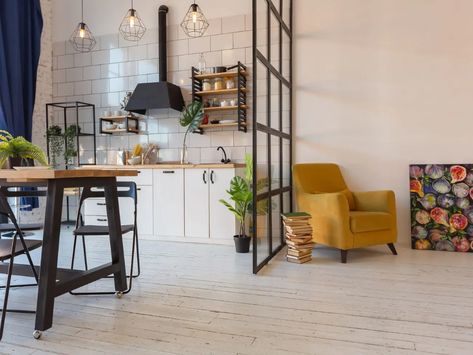 Best and Worst Things to Add to a Rental, According to Interior Designers 400 Sq Ft Studio, Small Studio Apartment Decorating, Wall Partition Design, Scandinavian Kitchen Design, Bamboo Room Divider, Open Plan Living Room, Studio Apartment Ideas, Partition Design, Living Room Scandinavian