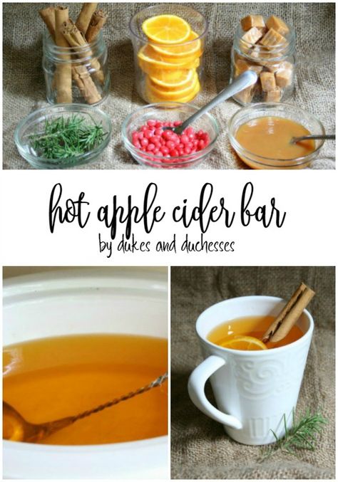 Best Fall Drinks, Hot Apple Cider Bar, Hot Beverage Bar, Apple Cider Bar, Diy Apple Cider, Cider Bar, Fall Parties, Fall Drink, Hot Cider