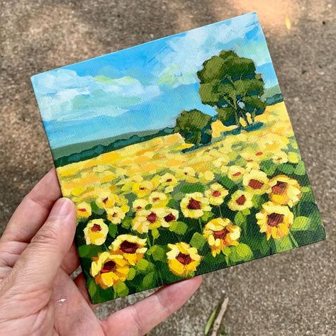 A cute antique frame is waiting for this painting to be varnished along with another painting and a matching frame for an adorable set! Sunflower field with tree, 5x5 inch, acrylic on canvas board. Acrylic Sunflower Painting, Sunflower Field Painting, Acrylic Sunflower, Field Painting, Antique Frame, Sunflower Field, Sunflower Painting, Antique Frames, Sunflower Fields