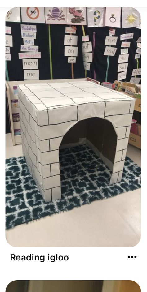 Igloo Out Of Cardboard Boxes, Igloo For Preschool, Artic Village Dramatic Play, Igloo Dramatic Play Preschool, Arctic Classroom Transformation, Artic Classroom Decorations, Arctic Animal Dramatic Play, Igloo Activities For Preschool, Diy Igloo Indoor