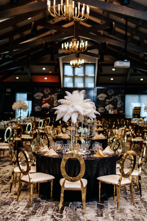 Roaring 50s Birthday Party, Prom Theme Gatsby, Prom Themes Roaring 20s, Roaring 20 Wedding Theme, Black And Gold Speakeasy, Gatsby Party Entrance, The Roaring 20s Aesthetic Living Room, Harlem Nights Theme Wedding Reception, Roaring 20s Wedding Decorations