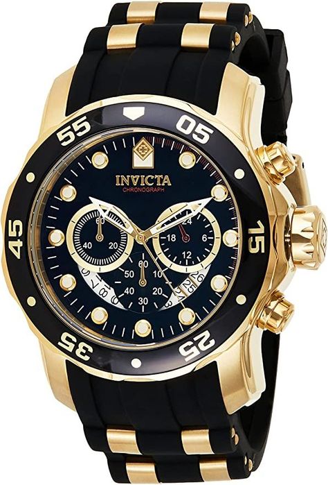 About this item
Imported
Gold tone stainless steel case 48mm diameter x 16.8mm thick; Black dial; Luminous hands and hour markers
Japanese quartz movement, VD53 Caliber; Assembled in Japan; Mens Invicta Watches, Pattern Simple, Invicta Watches, Rose Gold Case, Silicon Bands, Stainless Steel Watch, Black Watch, Casio Watch, Men's Watch