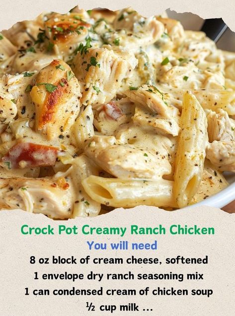 Alexander's Recipes Creamy Ranch Chicken Pasta, Crock Pot Creamy Ranch Chicken, Creamy Ranch Chicken Recipe, Ranch Chicken Crockpot, Creamy Ranch Chicken, Chicken Bacon Pasta, Chicken Ranch Pasta, Chicken Receipes, Ranch Chicken Recipes