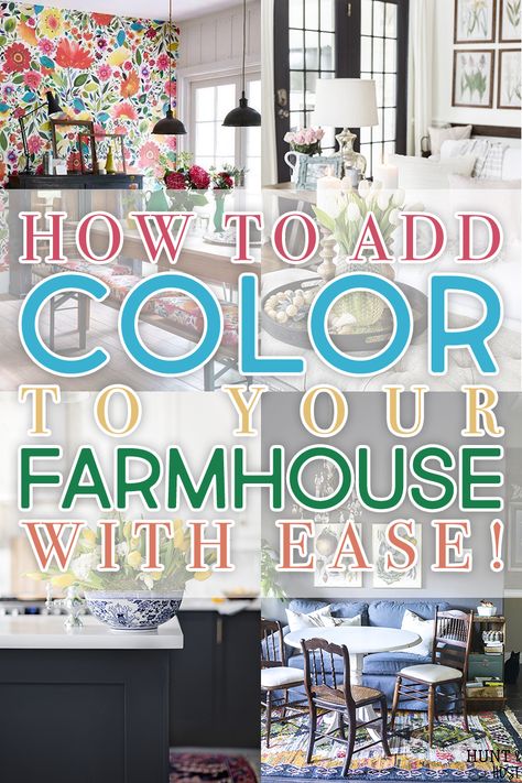 Farmhouse Pop Of Color, Bohemian Farmhouse Color Palette, Adding Color To Farmhouse Style, Modern Farmhouse Pops Of Color, Farmhouse Kitchen With Pops Of Color, Colorful Modern Farmhouse Decor, Farmhouse Decor Color Schemes, Living Room With Pop Of Color Farmhouse, Farmhouse With Color Pop