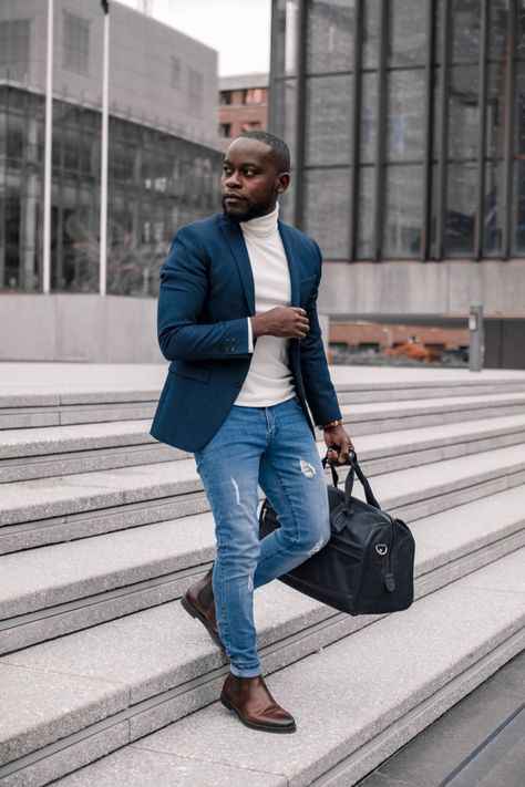 Imspeke on instagram stylish black men black man chelsea boots blue blazer Mens Suit Jacket With Jeans Outfit, Navy Blue Dress Shirt Outfit Men, Chelsea Boots With Jeans, Nye Fits, How To Style Chelsea Boots, Suit Jacket With Jeans, Worship Outfits, Blue Blazer Men, Blue Sport Coat