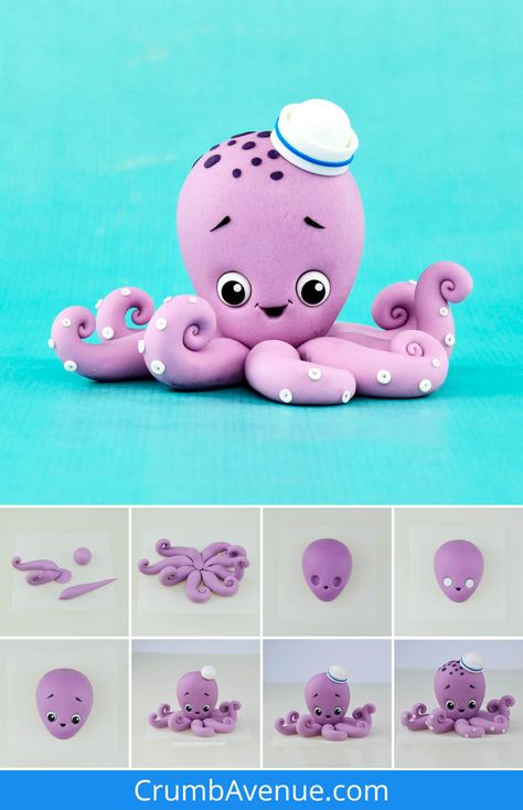 Octopus Cake, Flori Fondant, Diy Fimo, Diy Polymer Clay, Aktiviti Kanak-kanak, Fondant Animals, Cake Topper Tutorial, Fondant Cake Toppers, ดินปั้น Polymer Clay