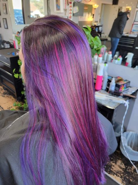 Pink And Purple Mixed Hair, Pink Purple And Brown Hair, Black Hair With Pink And Purple Streaks, Pink Purple Hair Highlights, Dark Purple Hair With Pink Highlights, Pink Purple Blue Hair Streaks, Pink And Purple Highlights On Black Hair, Dark Pink And Purple Hair, Pink Purple Brown Hair