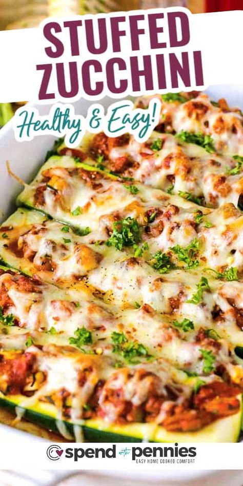 Stuffed Zucchini Boats are the perfect way to enjoy your fresh summer zucchini! Tender zucchini filled with a silky meat sauce, topped with cheese and baked until tender. #stuffedzucchini #zucchini #spendwithpennies #healthyrecipes #lowcarbrecipes #easydinners #stuffedrecipes Easy Zucchini Boat Recipes, Healthy Zucchini Boats, Ground Beef Zucchini Boats, Zucchini Boats Beef, Stuffed Zucchini Boats Vegetarian, Zucchini Boats Vegetarian, Healthy Stuffed Zucchini, Best Zucchini Recipes, Zucchini Boat Recipes