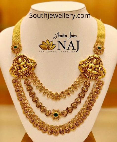 22 Carat gold layered Lakshmi kasu haram studded with uncut diamonds and emeralds by Naj jewellery. Layered Haram Gold, Naj Jewellery, Kasu Haram, Kasu Mala, Mughal Jewelry, Vaddanam Designs, Haram Designs, Diamond Jewelry Set, Antique Gold Jewelry Indian