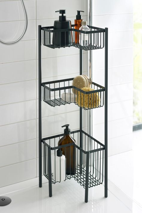 This practical three tier wire caddy is designed to fit perfectly into corner spaces making it a great space saving solution for any bathroom. This caddy can also be used in your shower, offering an in-shower shelving solution for all your hair care and body care products. Charcoal grey wire finish. Bathroom Storage Units, Bathroom Storage Solutions, Shelving Solutions, Shower Storage, Shower Organization, Decor Baie, Body Care Products, Bathroom Inspiration Decor, Apartment Bathroom