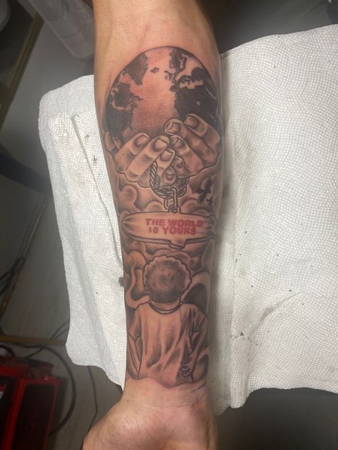 Arm Sleeve Tattoos Quotes, Tattoo That Signifies Strength, Tattoo Men Arm Forearm, The World Is Yours Globe Tattoo, Determined To Succeed Tattoo Men, Make Tattoo Ideas Forearm, Arm Tat Women, Outter Arm Tattoo Men Forearm, Men’s Inner Forearm Tattoo