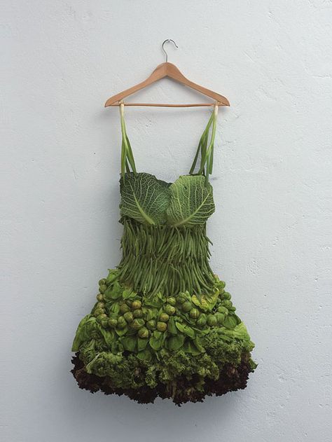 I'd wear that. Clever Conceptual Photographs of Fruits and Vegetables Vegetable Dress, Sarah Illenberger, Whimsical Wardrobe, Leaf Dress, Food Sculpture, Altered Clothing, Amazing Food Art, Creative Food Art, Textil Design