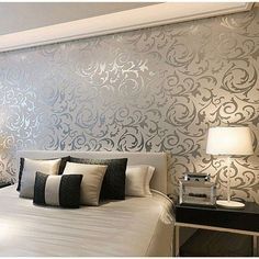 Silver Textured Wallpaper, Modern Wallpaper Bedroom, Wallpaper Designs For Walls, Wallpaper Design For Bedroom, Silver Bedroom, Wallpaper Walls Decor, Embossed Wallpaper, Tv Background, Damask Wallpaper