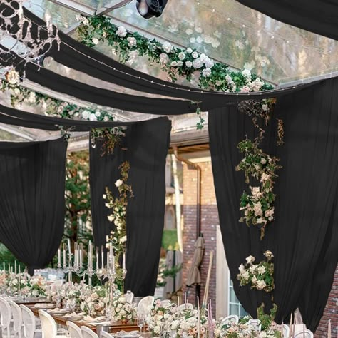 PRICES MAY VARY. Chiffon Curtains for Backdrop ✿【Size - Ceiling Drapes for Weddings】Package includes 2 panels black wedding arch drapes. Size of each panel is 5FT( 60 inches) width by 20FT( 240 inches) length covering a total area of 10ft width x 20FT length. This party ceiling drapes can help your party to create a warm and elegant scenes. ✿【Elegant Display - Wedding Arch Draping Fabric】Chiffon curtains with semi sheer looking are crafted from premium soft polyester fabric, wrinke-free, silky t Black Wedding Arch, Drapes Wedding, Chiffon Curtains, Sheer Backdrop, Ceiling Drapes, Dark Romantic Wedding, Wedding Drapery, Wedding Arch Draping, Arch Draping