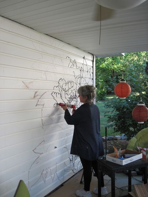 Outdoor Patio Walls Ideas, Outdoor Patio Mural Ideas, Garden Wall Art Painting, Garden Wall Ideas Painted, Paint Garden Wall, Back Porch Wall Ideas, Garden Fence Painting Ideas, Mural On Vinyl Siding, Garden Shed Mural Ideas