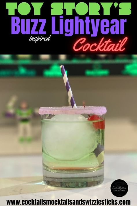 This image shows a cocktail with a purple sanding sugar rim, purple stripped straw, cherrt and a light green hue to it. Two Infinity And Beyond Party, Toy Story Buzz Lightyear, Toy Story Buzz, Party Pops, Family Movie Night, Watch Party, Buzz Lightyear, To Infinity And Beyond, Out Of This World