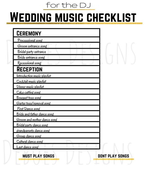 Keep the music flowing on your big day with this essential wedding song checklist for your DJ.  

This printable, one-page PDF (formatted in 11x8.5 inches)  is instantly delivered for your convenience. With no editing available, you're free to enjoy the stress-free planning process.

This item is for personal use only and cannot be resold or redistributed.  Please note that colors might vary slightly due to differences in monitors and printers. 
.#WeddingPlanning #BrideToBe #WeddingInspiration #EventPlanning #DreamWedding Things To Thrift For Wedding, Wedding Song List Checklist, Wedding Needs Checklist, Wedding Ceremony Song List, Wedding Music Checklist, Ceremony Music List, Wedding Song Checklist, Music Checklist, Wedding Dj Checklist