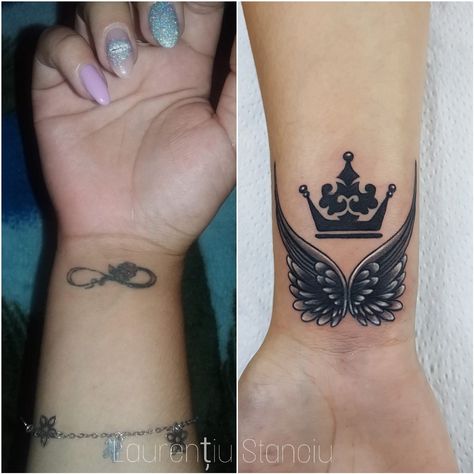 Cover Up Infinity Tattoos For Women, Small Tattoo For Cover Up, Ladies Cover Up Tattoo Ideas, Cover Tatoos Ideas Women, Cover Up Wrist Tattoo For Men, Crown Cover Up Tattoo, Small Coverup Tattoo Ideas For Women, Coverup Name Tattoo Ideas, Tattoo Cover Up Ideas For Women Arm Half Sleeves