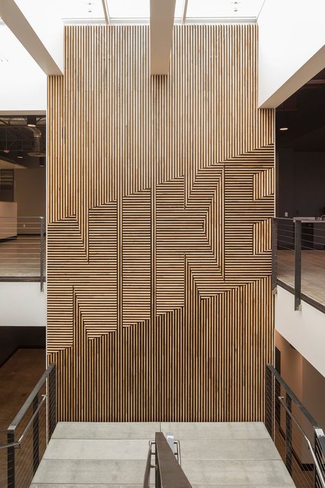 Nike Brand Walls , Beaverton, 2014 - Fieldwork Design & Architecture Wood Logo Design, Wood Feature Wall, Wood Logo, Wood Slat Wall, Logo Wall, Learn Woodworking, Gianfranco Ferre, Environmental Design, Slat Wall