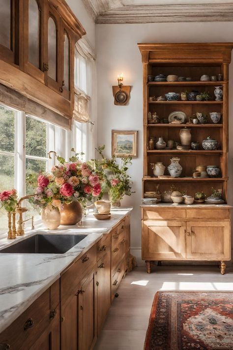 Country Cabinets Kitchen, European Cottage Kitchen, Wood Cabinet Kitchen, Old World Kitchen, Traditional Kitchen Decor, French Kitchen Design, French Cottage Kitchen, French Style Kitchen, French Kitchens